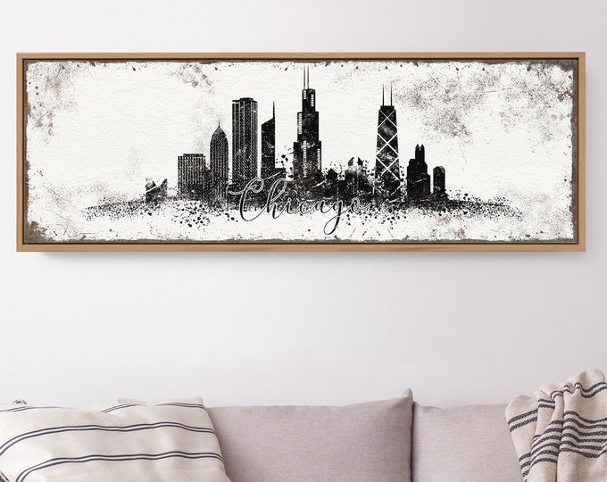 CHICAGO SKYLINE sign > black and white art print for vintage decor, extra large vintage wall art, custom Illinois canvas