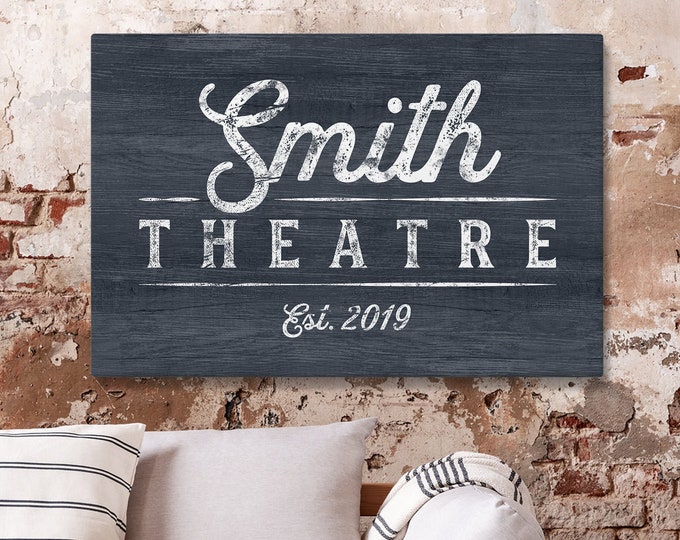 personalized THEATRE sign > Hale navy custom name canvas • Modern farmhouse wall decor • Rustic faux wood sign • Year established print