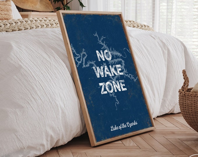 NO WAKE ZONE sign, vintage Lake of the Ozarks canvas print in Navy Blue, personalized lake house sign, ealtor gift idea, Lake House Wall Art