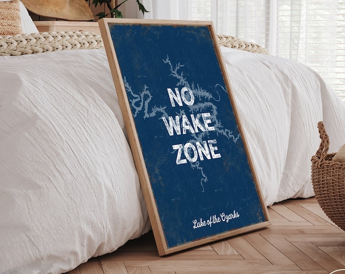 NO WAKE ZONE sign, vintage Lake of the Ozarks canvas print in Navy Blue, personalized lake house sign, ealtor gift idea, Lake House Wall Art