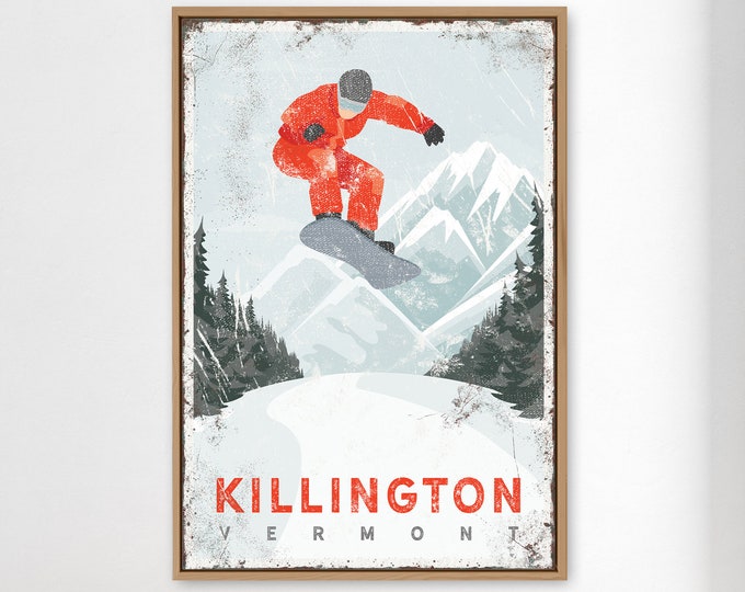 vintage snowboarding poster > distressed winter mountain wall art, custom retro ski house decor (sign KILLINGTON, Vermont) {vph}