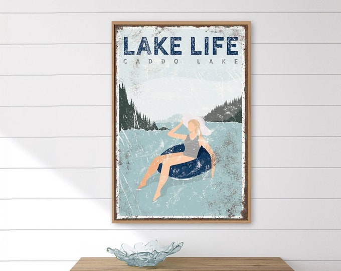 navy LAKE LIFE sign > personalized nautical blue lake house decor, lake tubing poster, sunbathing print for farmhouse (Caddo Lake) {VPL}