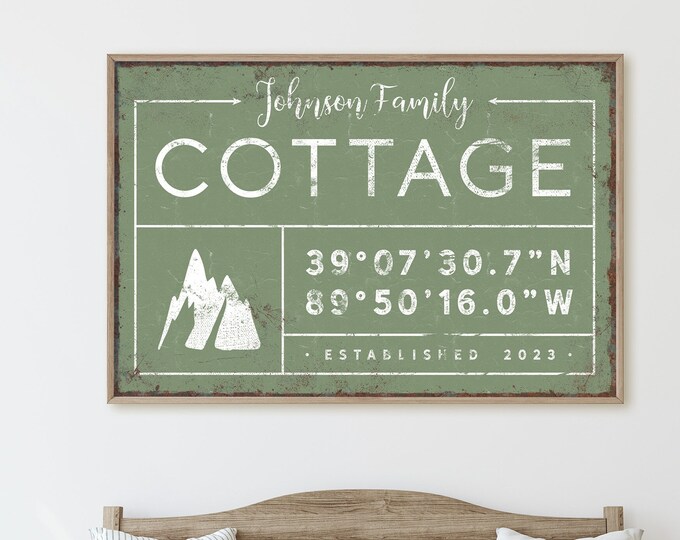 custom COORDINATES sign in seagrass green, personalized last name print, winter cottage decor, gps coordinates with mountain Icon {gdo}