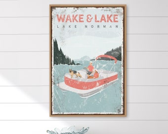 personalized COUPLE pontoon boat sign • Wake & Lake Sign • Lake Norman • Couple with Dog on Boat • German Shepherd • lake house decor {vpl}