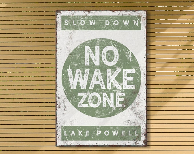 green "NO WAKE ZONE" sign > vintage Lake Powell poster for rustic lake house decor, large framed lakehouse sign, canvas art print {b}
