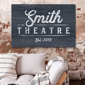 personalized THEATRE sign &gt; Hale navy custom name canvas • Modern farmhouse wall decor • Rustic faux wood sign • Year established print
