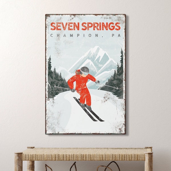 Vintage ski house decor canvas • Personalized skiing wall art for ski lodge • Custom ski house sign (Seven Springs, Pennsylvania art) {vpw}