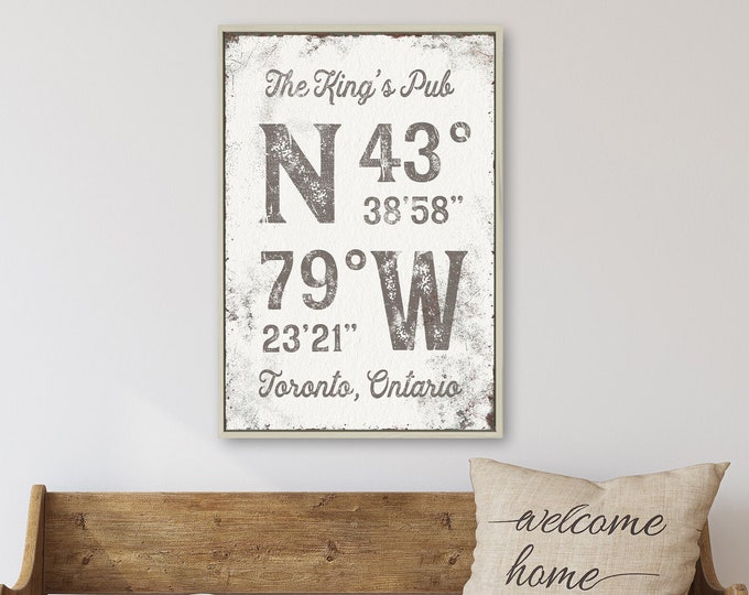 rustic COORDINATES poster > custom last name sign, taupe gray canvas for modern country decor, personalized farmhouse art print {gpw}