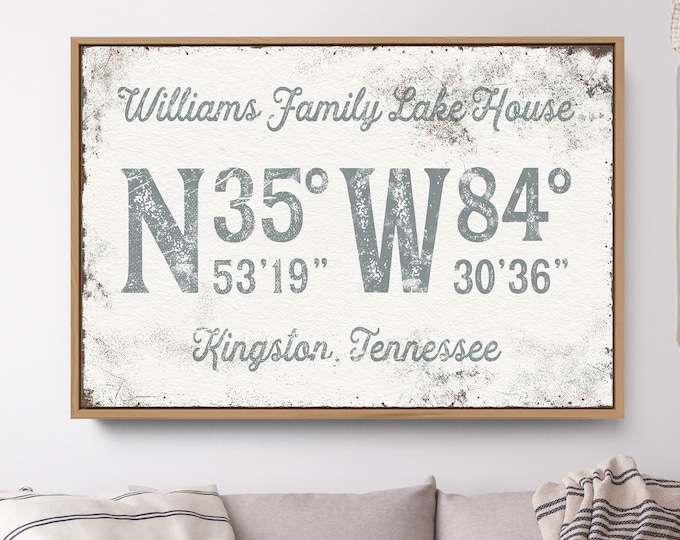 gray COORDINATES sign > personalized last name canvas, distressed wall art for modern lake house decor, custom GPS print {gpw}