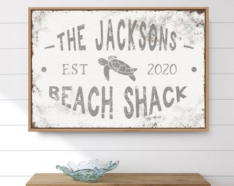 gray BEACH SHACK sign with turtle > custom family name sign for rustic beach house decor, vintage grey and white year established art print