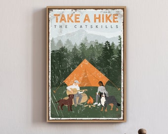 personalized vintage CAMPING POSTER with dogs, with chocolate labrador & bernese mountain dog, custom text, Take a Hike in sample {vpt}