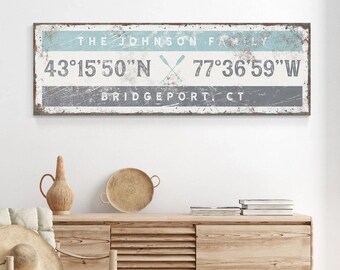 nautical COORDINATES sign > vintage art print old, boat oars, gray blue lake house gift, personalized longitude latitude GPS wall art {giw}