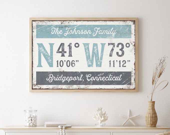 blue gray COORDINATES sign > vintage last name canvas, personalized longitude latitude GPS art print, distressed farmhouse decor {grw}