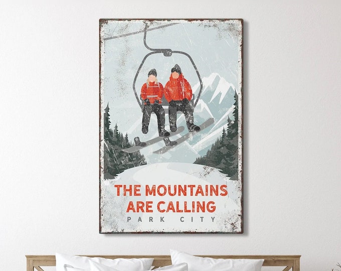 Personalized snowboarding art print for ski house decor, Vintage mountain wall art, THE MOUNTAINS are CALLING sign (Park City) {vph}