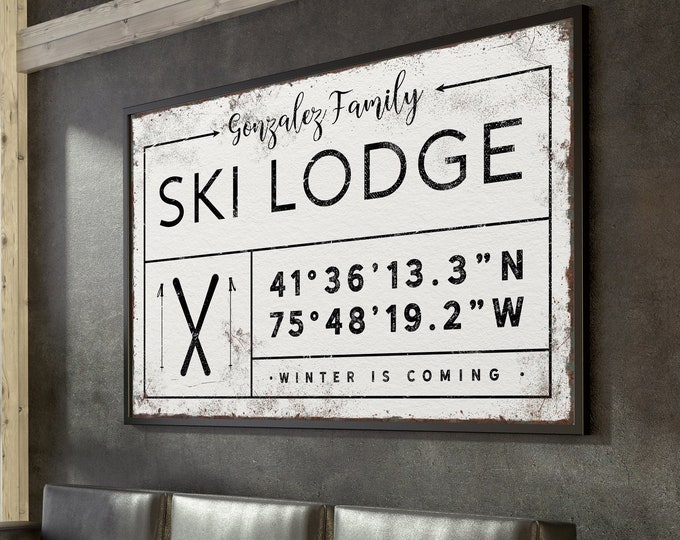 vintage SKI LODGE sign, personalized last name canvas, winter wall art, custom coordinates, ski mountain wall art, vintage farmhouse {gdw}