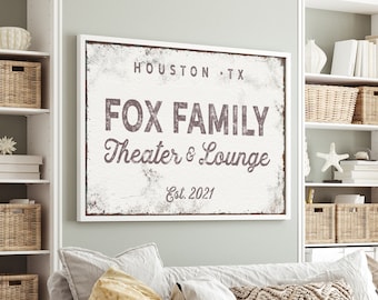 family THEATER and LOUNGE sign > custom last name canvas print • vintage white family room decor • distressed XL art for above couch {nvw}
