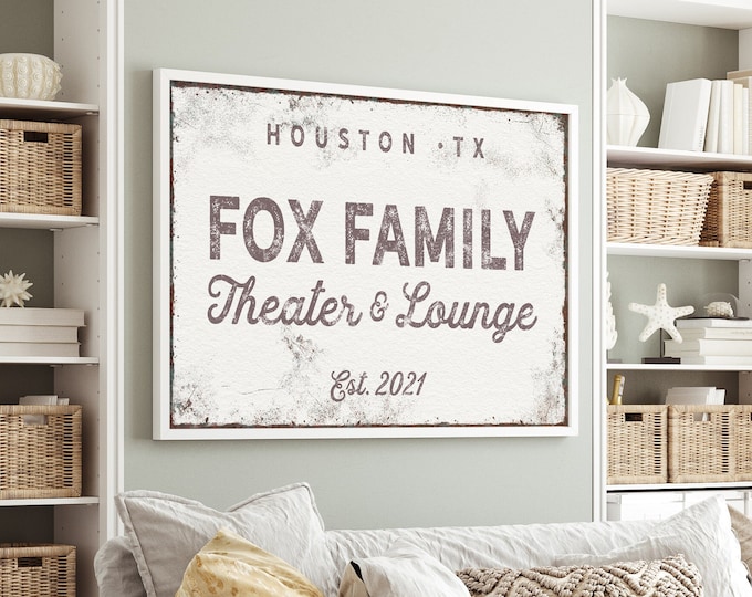 family THEATER and LOUNGE sign > custom last name canvas print • vintage white family room decor • distressed XL art for above couch {nvw}