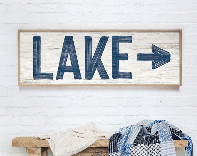 nautical lake house decor sign with arrow > navy blue lake art print, right or left arrow, distressed vintage farmhouse canvas print {pww}