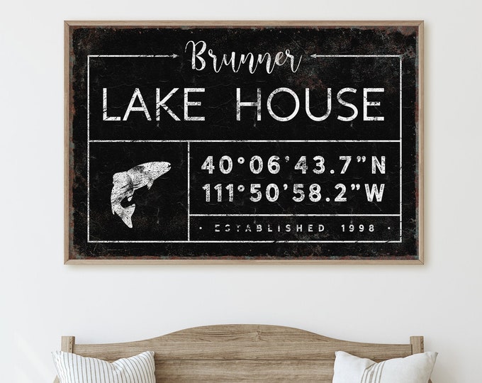 LAKE HOUSE sign with trout fish > extra large canvas wall art, framed fishing art print, lattitude longitude print for lakehouse decor {gdb}