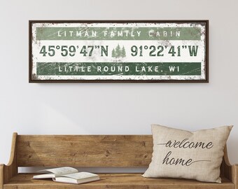 winter cabin COORDINATES sign, vintage art print, country house gift, pinetrees icon, personalized longitude latitude GPS wall art {giw}