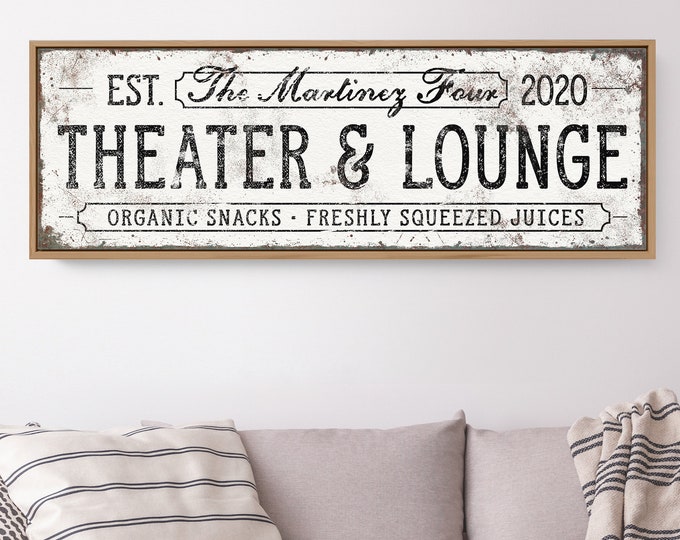 vintage THEATER & LOUNGE sign • personalized home movie theater decor • black and white farmhouse decor • wall art gift for family {svw}