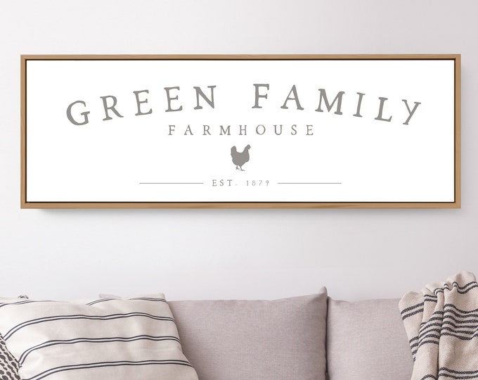 modern FARMHOUSE sign > sage green and white last name canvas, hen or chicken art print for farmhouse decor, large framed canvas {ctw}