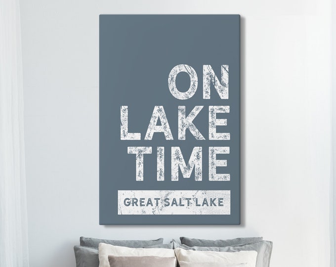 harbor blue "ON LAKE TIME" sign > vintage Great Salt Lake wall art for nautical lake house decor, white & dusty blue farmhouse decor {b}