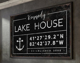 vintage LAKE HOUSE sign &gt; personalized last name canvas, lakehouse decor, custom coordinates with anchor art, black farmhouse wall art {gdb}