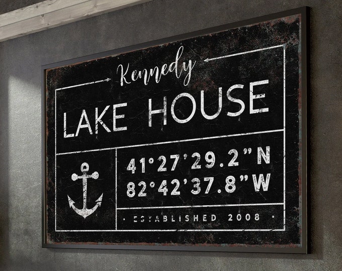 vintage LAKE HOUSE sign > personalized last name canvas, lakehouse decor, custom coordinates with anchor art, black farmhouse wall art {gdb}