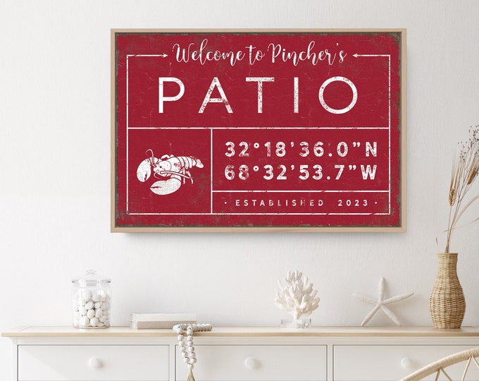 custom COORDINATES SIGN, welcome to pinchers patio with lobster icon, new england home decor, personalized last name canvas print {gdo}