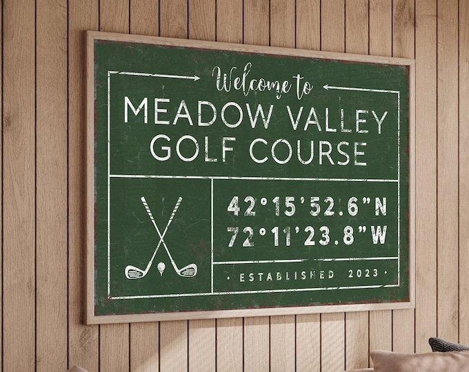 custom GOLF COURSE sign with coordinates, personalized last name canvas, add your favorite golf course, vintage farmhouse decor {gdb}