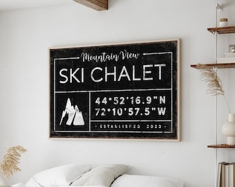 vintage SKI CHALET sign, personalized last name canvas, winter wall art, custom coordinates with ski mountain, vintage farmhouse decor {gdb}
