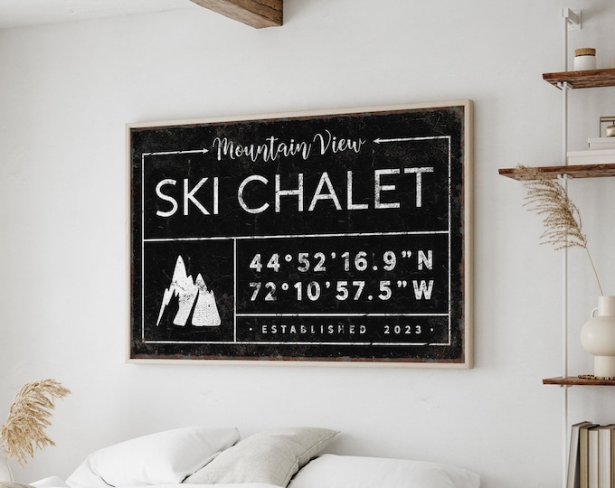 vintage SKI CHALET sign, personalized last name canvas, winter wall art, custom coordinates with ski mountain, vintage farmhouse decor {gdb}