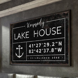 vintage LAKE HOUSE sign > personalized last name canvas, lakehouse decor, custom coordinates with anchor art, black farmhouse wall art {gdb}