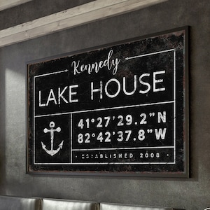 vintage LAKE HOUSE sign &gt; personalized last name canvas, lakehouse decor, custom coordinates with anchor art, black farmhouse wall art {gdb}