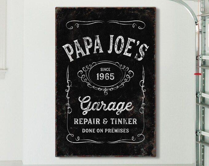 custom GARAGE sign > vintage whiskey label poster, personalized gift for dad or grandpa, large canvas wall art, rustic workshop sign