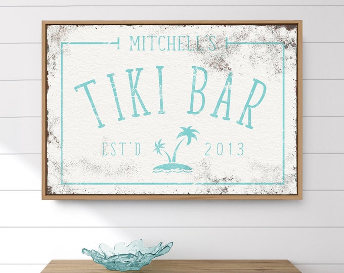 personalized TIKI BAR canvas > tuquoise blue wall art for beach house decor, vintage palm tree island art on large canvas print