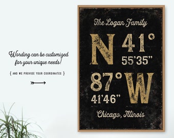 personalized COORDINATES print > custom family name canvas, yellow and black wall art for rustic farmhouse decor, vintage GPS sign {gpb}
