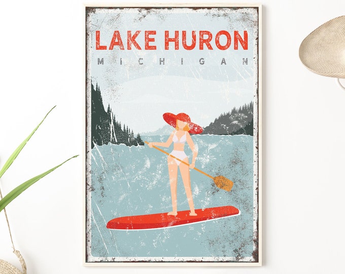 vintage lake sign > personalized paddleboard on lake art print, nautical canvas print, modern lake house decor (Lake Huron shown) {VPLPWLRR}