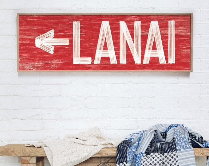 Vintage LANAI sign for above door, bright red lanai sign with left arrow, faux distressed wood art, lanai wall decor {pwo}