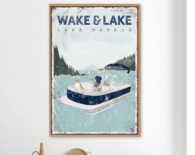 navy blue WAKE & LAKE canvas • personalized pontoon boat art for lake house decor • vintage Lake Havasu poster with American Bulldog {vpl}