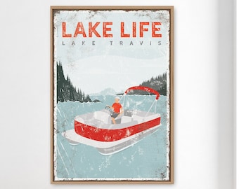 red LAKE LIFE canvas • personalized pontoon boat art for lake house decor • vintage Lake Travis poster {vpl}