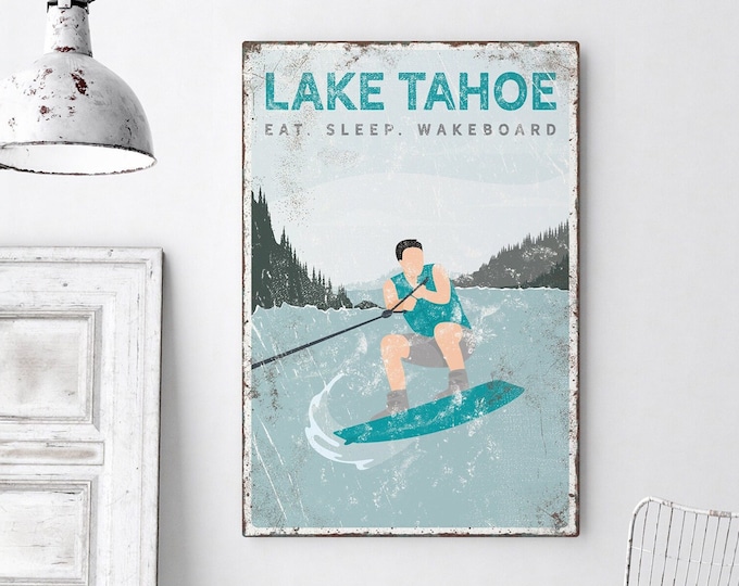 vintage EAT SLEEP WAKEBOARD sign > personalized wake boarding poster for Teal Blue lakehouse decor, Vintage Farmhouse, Lake Tahoe art {vpl}