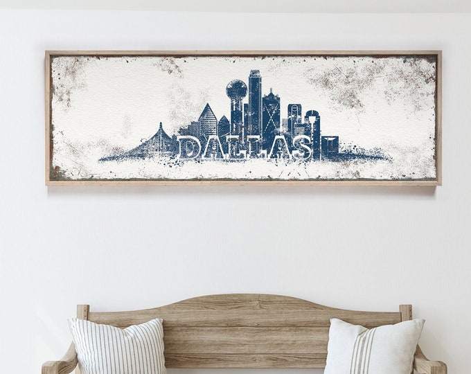 Dallas SKYLINE sign > navy blue Texas wall art print for modern farmhouse decor, extra large wall art gift, custom Texan canvas