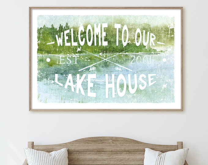 vintage LAKE HOUSE welcome sign > custom last name canvas for lakehouse decor, extra large watercolor lake art print canvas with fishing rod