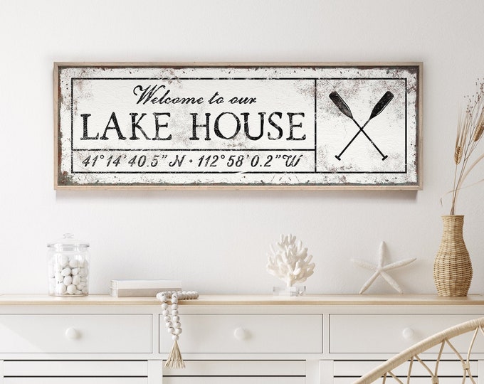 vintage LAKE HOUSE decor > faux rust white sign, boating paddles or oars wall art, personalized coordinates sign, latitude & longitude {sew}