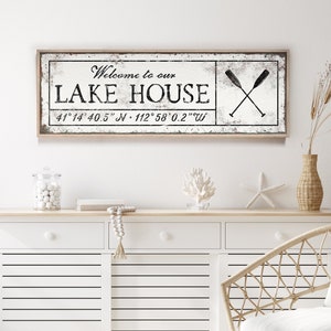 vintage LAKE HOUSE decor > faux rust white sign, boating paddles or oars wall art, personalized coordinates sign, latitude & longitude {sew}