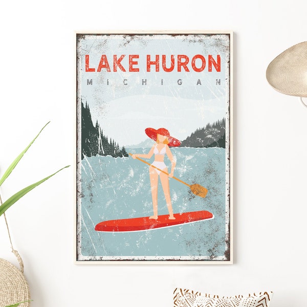 vintage lake sign > personalized paddleboard on lake art print, nautical canvas print, modern lake house decor (Lake Huron shown) {VPLPWLRR}