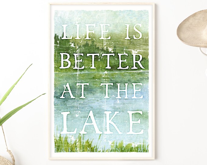 vintage lakehouse decor > weathered canvas watercolor wall art, "life is better at the lake" poster for rustic lake house