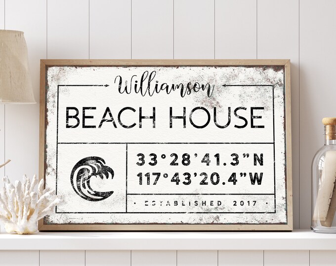 BEACH HOUSE sign > custom framed canvas print, personalized last name and coordinates sign, ocean wave art for beachhouse decor {gdw}